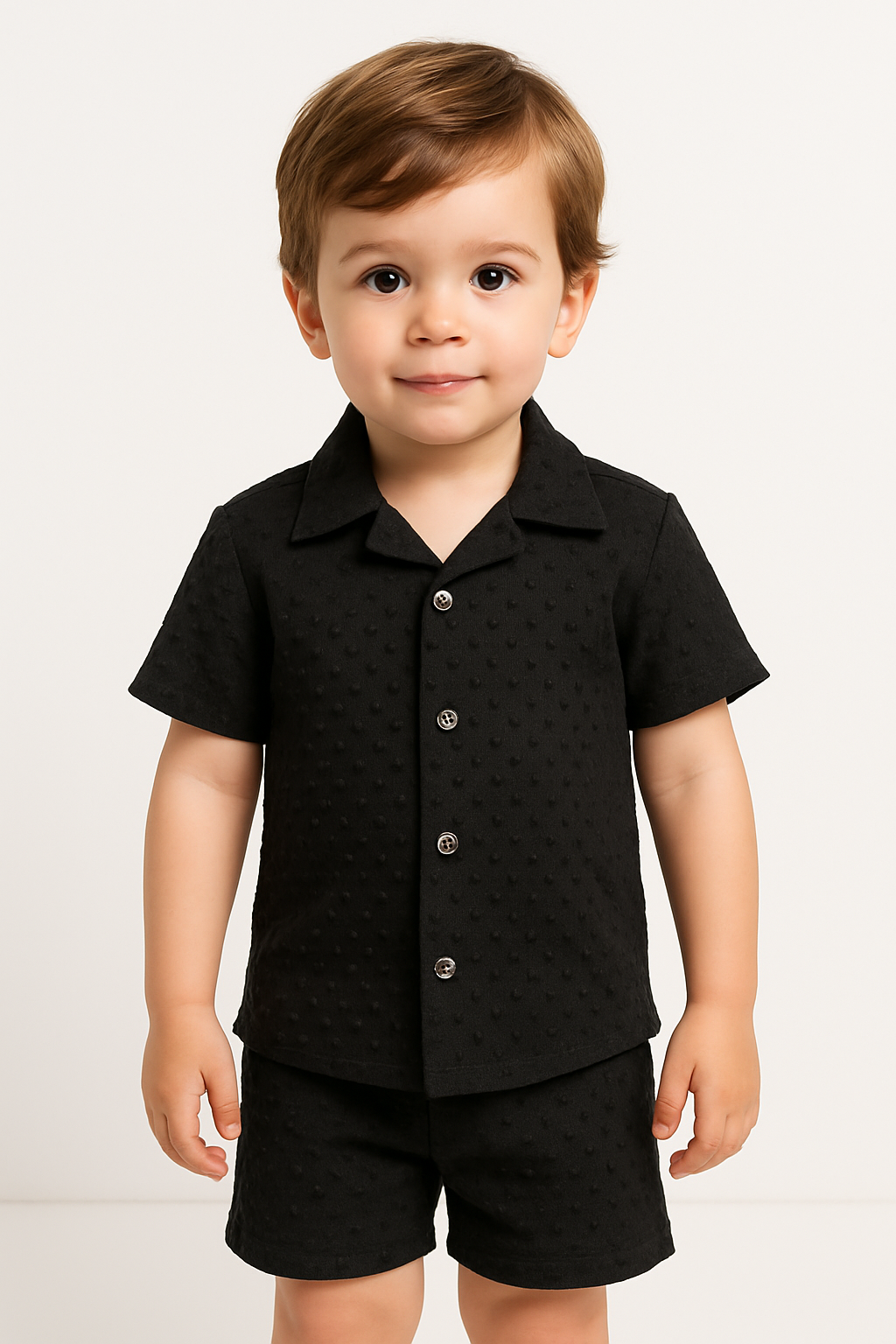 Textured Boys’ Summer Suit – Shirt & Shorts (Yellow / Black) (2-5 Years)