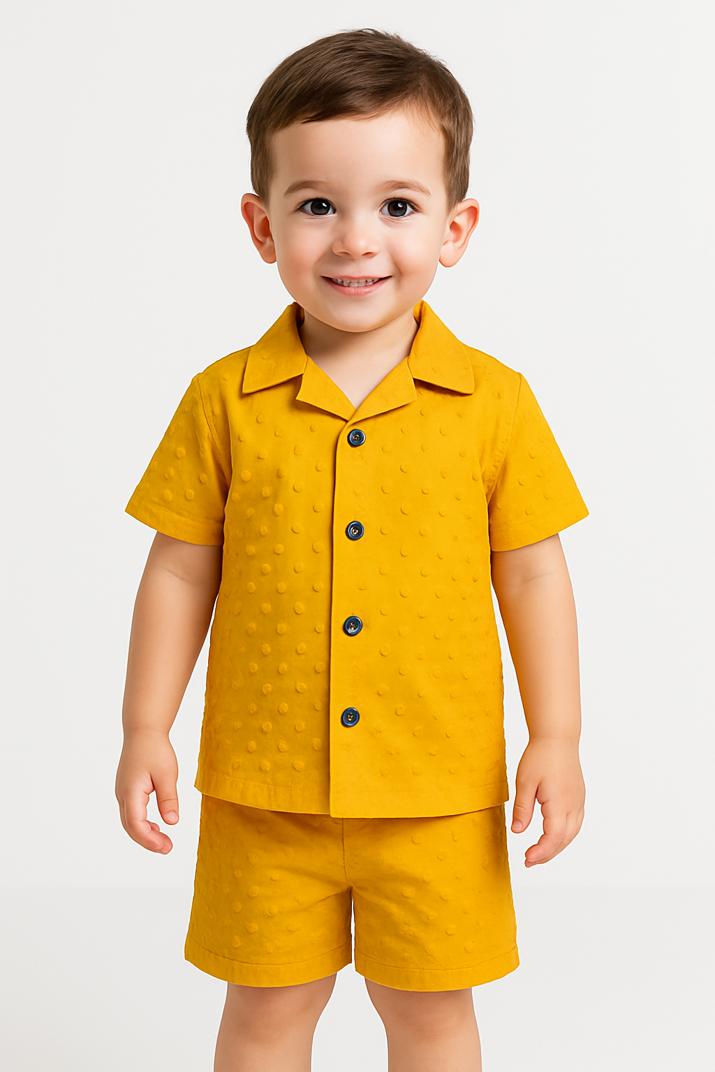 Textured Boys’ Summer Suit – Shirt & Shorts (Yellow / Black) (2-5 Years)