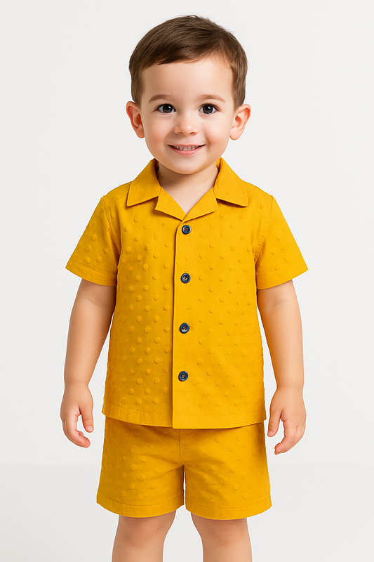 Textured Boys’ Summer Suit – Shirt & Shorts (Yellow / Black) (2-5 Years)