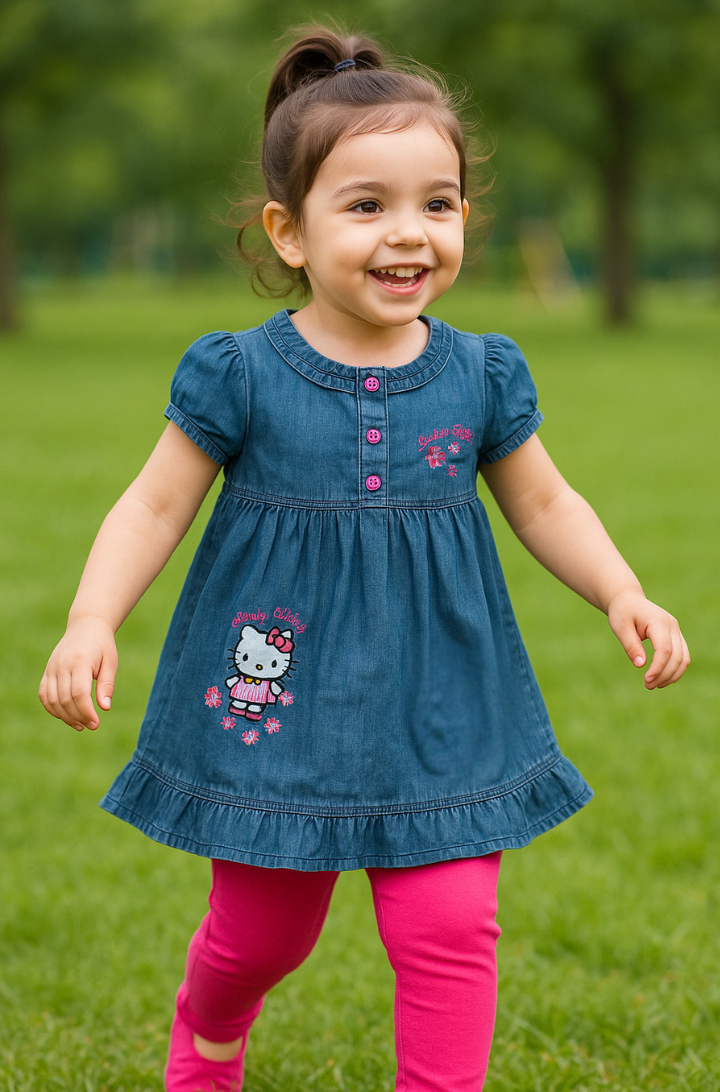 "Hello Kitty Denim Frock with Pink Trousers – Cute Outfit for Girls