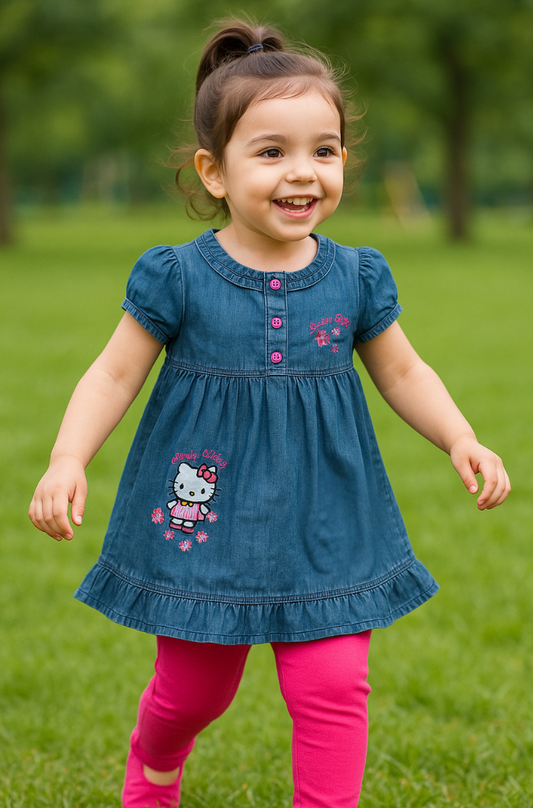 "Hello Kitty Denim Frock with Pink Trousers – Cute Outfit for Girls