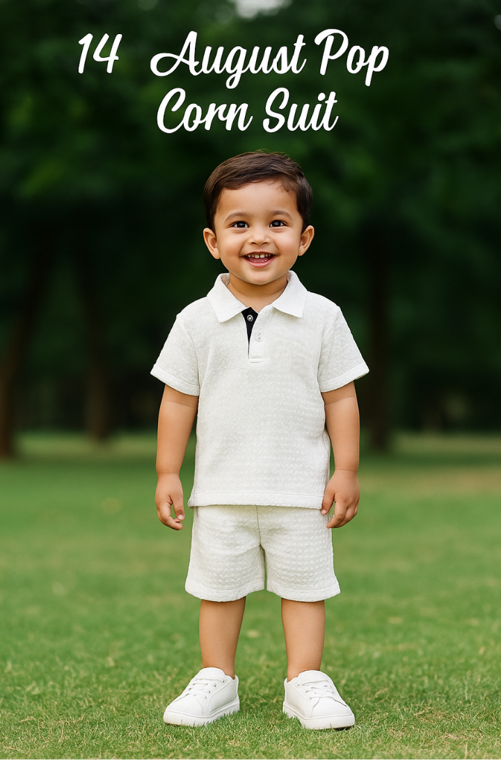 14 August Special White Popcorn Suit for Boys