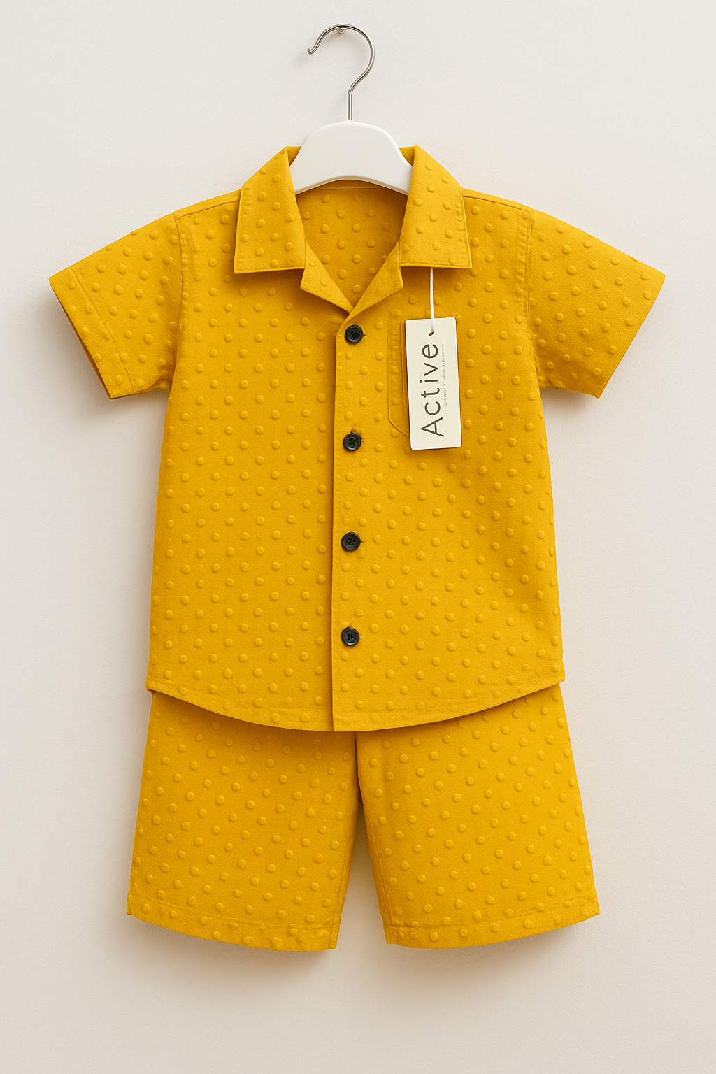 Textured Boys’ Summer Suit – Shirt & Shorts (Yellow / Black) (2-5 Years)